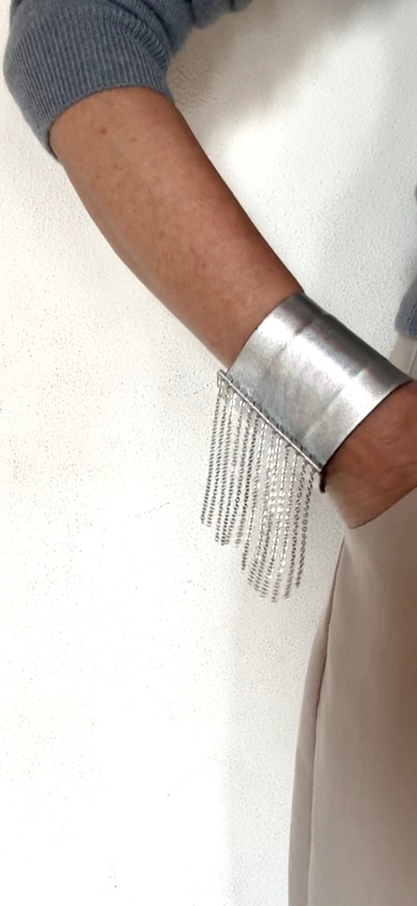 Bracciale in pelle con Frange acciaio oro o argento